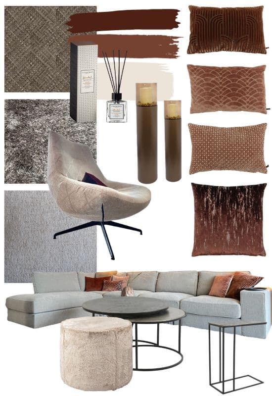 interieur moodboard woonkamer met koperkleuren