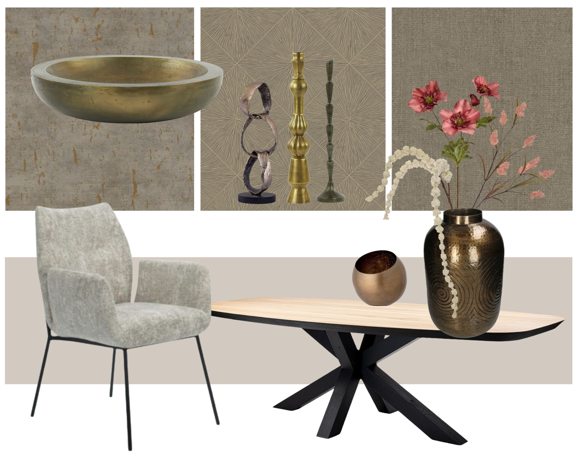 moodboard interieur in aardetinten eethoek