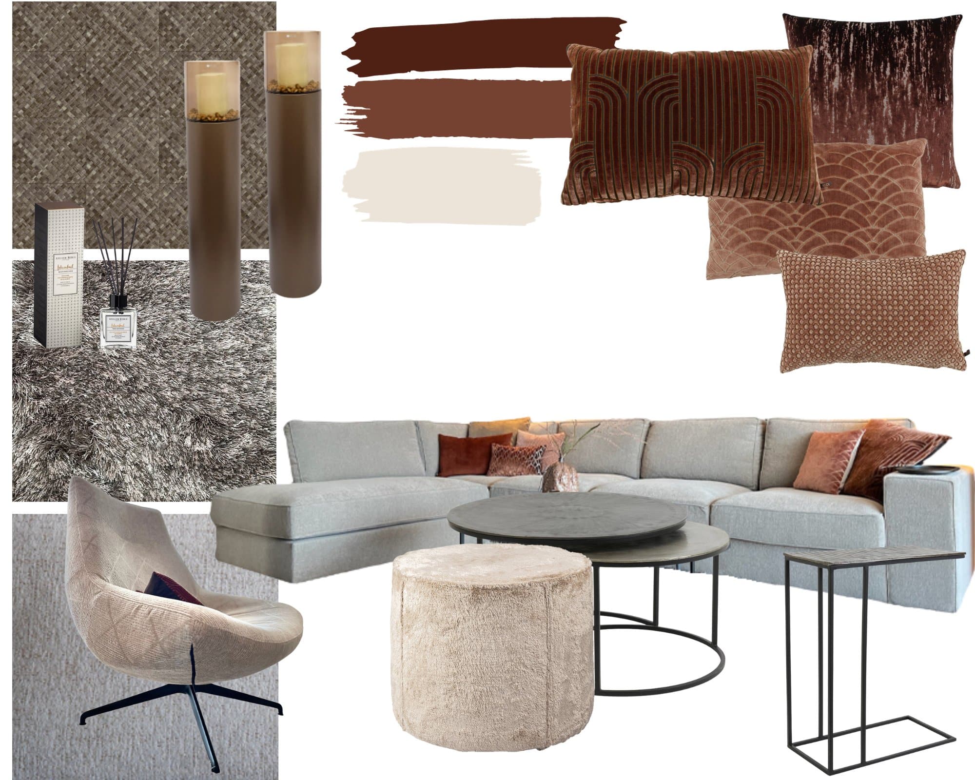 moodboard interieur met aardetinten en roodtinten