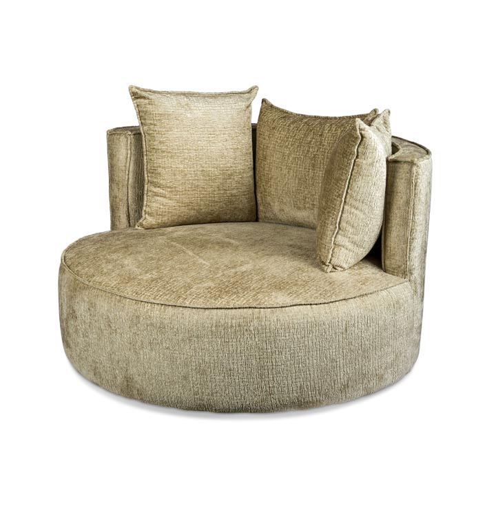 fauteuil creme beige rond met kussens en rugleuning en draaifunctie